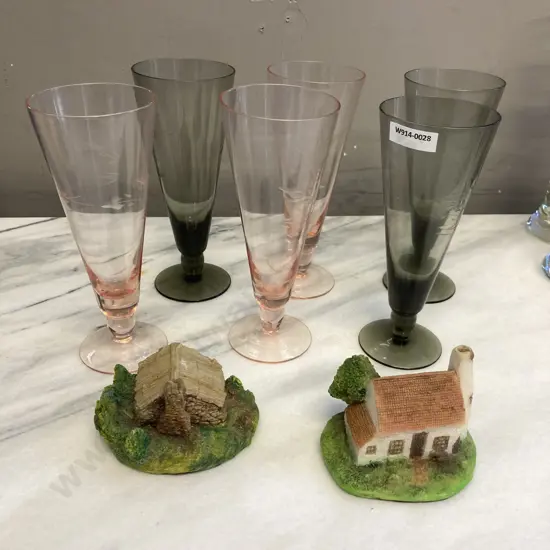 Set of 6 Vintage Etched Fluted Glasses. H18cm & Pair of Vintage Rick Lewis Collection Miniatures